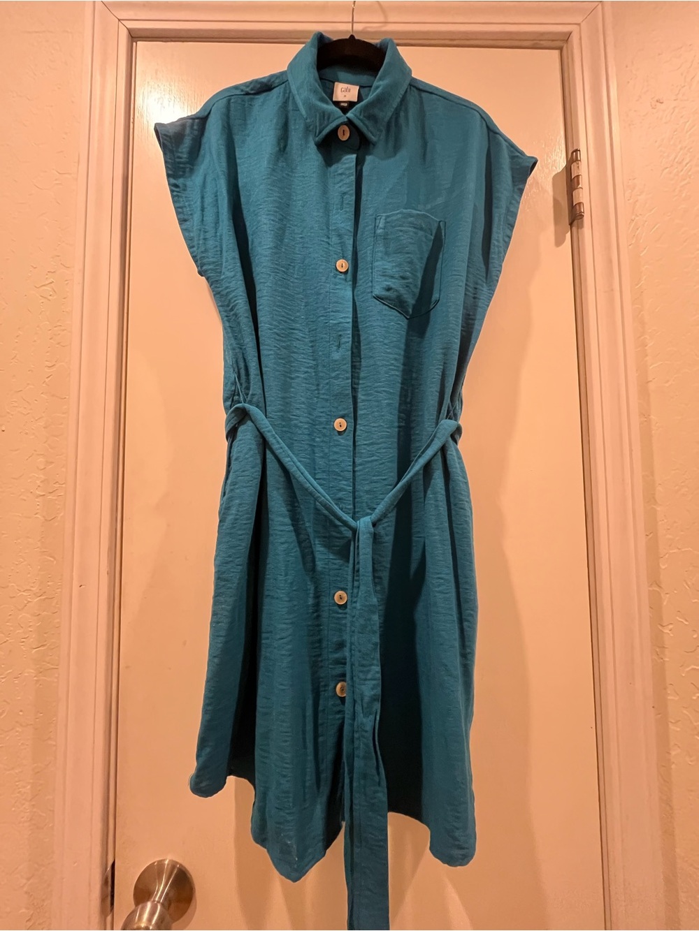 CAbi Teal Sleeveless Shirt Dress with Waist Tie